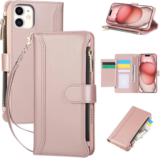 Compatible with iPhone 12/12 Pro Wallet Phone Case-PU Leather Magnetic Flip Cover with Credit Card Slots,Zipper Pocket & Detachable Wrist Strap,Shockproof Design,for Women and Men-Pink