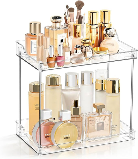 2 Tier Bathroom Counter Organizer, Clear Bathroom Counter Shelf for Vanity Countertop, Kitchen, Sink Storage, Tiered Skincare Organizer for Makeup, Perfume, Beauty Supplies (Rectangular)