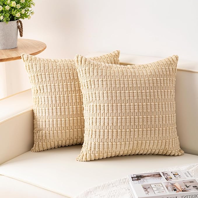 Aegero Pack of 2 Corduroy Decorative Throw Pillow Covers 20x20 InchSoft Boho Striped Pillow Covers Modern Farmhouse Home Decor for Sofa Living Room Couch Bed（Beige）