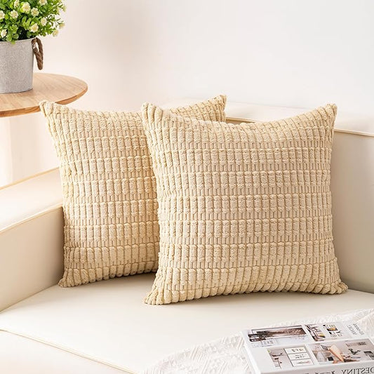Aegero Pack of 2 Corduroy Decorative Throw Pillow Covers 24x24 InchSoft Striped Pillow Covers Modern Farmhouse Home Decor for Sofa Living Room Couch Bed（Beige）