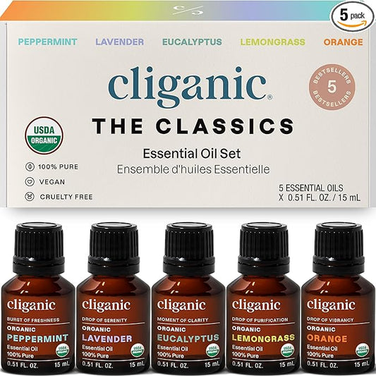 Cliganic Organic Essential Oils Set (Top 5 x 15ml) - 100% Pure Natural - Aromatherapy, Candle Making - Peppermint, Lavender, Eucalyptus, Lemongrass & Orange