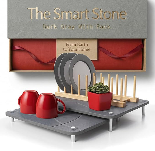 Nested Dish Drying Stone Mat with Bamboo Rack | 2 Pcs Diatomaceous Earth Stone Drying Mats for Kitchen Counter with Non-Slip Feet | Collapsible Large Drying Stone for Dishes (Dark Gray)