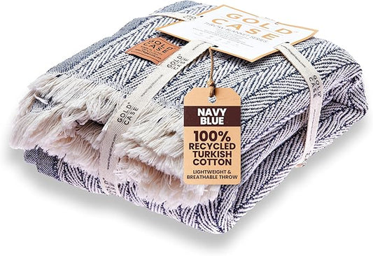 Gold Case Throw Blanket for Couch - 100% Recycled Turkish Cotton Blankets & Throws - Vintage Soft Throw Blankets for Living Room - Boho Decorative Woven Couch Blanket - 50x60 - Navy Blue