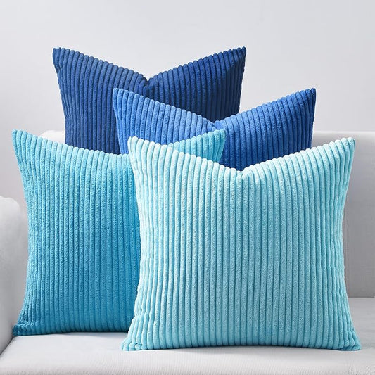 Topfinel Euro Shams Decorative Throw Pillow Covers 26x26 Inch Set of 4,Soft Accent Corduroy Striped Blue Gradient Color Large Cushion Cover for Beach,Patio,Balcony,Living Room,Summer Home Decor