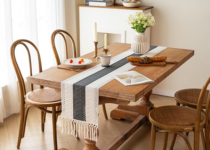 FEXIA Boho Table Runner for Summer Home Decor with Tassels 90 Inches Long Farmhouse Grey Rustic Burlap Table Runner Macrame Table Decoration for Kitchen Bedroom Living Room (12x90 Inches)