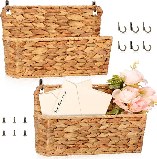 2 Pcs Woven Mail Holder Wall Mount Basket 9.25x1.57 Inch Rattan Wall Letter Holder Wicker Wall Basket Storage Water Hyacinth Hanging Storage Basket with Hooks Magazine Basket for Mail Envelope Office
