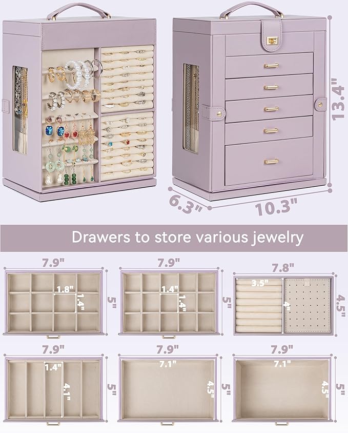 AKOZLIN 6-Tier Jewelry Box Organizer Functional 5 Drawers Leather Jewelry Storage Case for Women Girls Ring Necklace Earring Bracelet Holder Organizer with Mirror XL Purple 360° Rotating