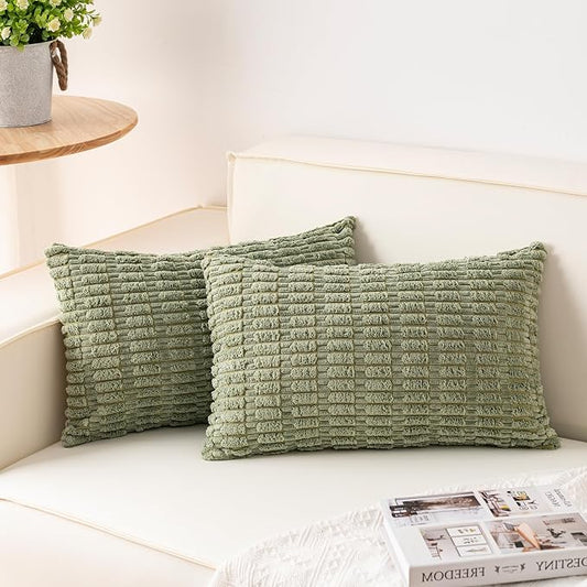 Aegero Pack of 2 Corduroy Decorative Throw Pillow Covers 12x20 InchSoft Boho Striped Pillow Covers Modern Farmhouse Home Decor for Sofa Living Room Couch Bed（Sage Green）