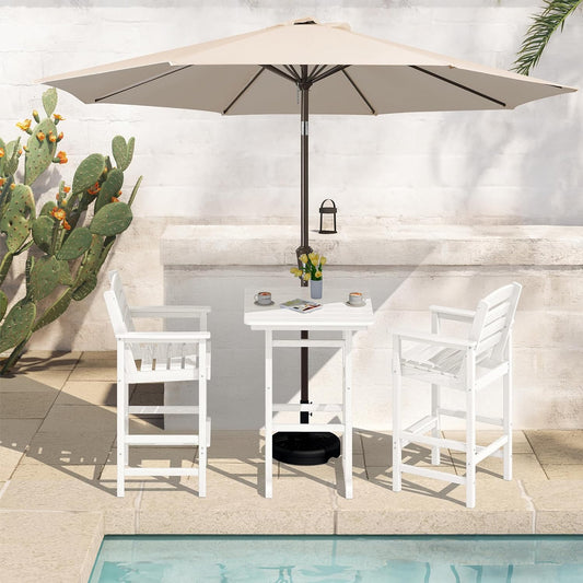SERWALL 4 Pieces Outdoor Patio Bar Set with 9ft Umbrella, Outdoor HDPE Barstool and Table Furniture Set with Patio Umbrella, White