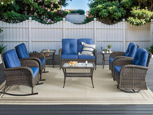 HUMMUH Patio Furniture 7-Piece PE Wicker Outdoor Conversation Set,All-Weather Swivel and Rocking Chairs,Glider Loveseat,Coffee Tables for Backyard,Poolside,Deck
