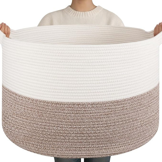 OIAHOMY 90L XXXLarge Blanket Basket for Living Room, 21.7" x 13.8" Woven Cotton Rope Laundry Basket for Organizing Pillows, Decorative Stuffed Animal Toy Storage for Nursery, White and Linen Brown