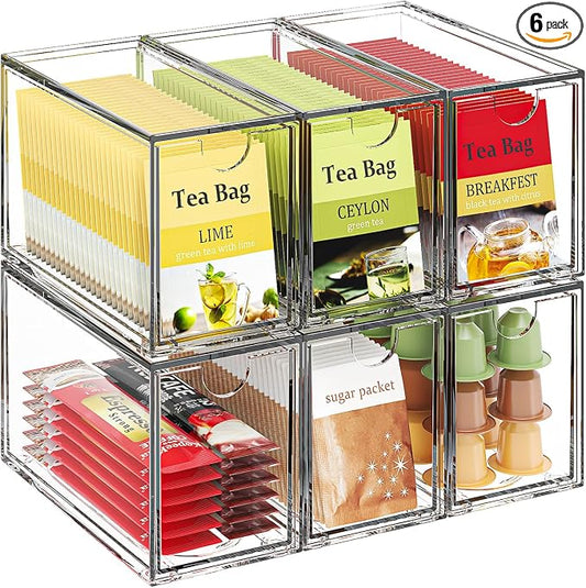 6 Pack Tea Bag Organizers, Clear Tea Packet Storage Bins for Pantry Countertop, Tea Station, Kitchen Cabinet, Stackable Teabag Holder Acrylic Drawer Organizer for Coffee Pods, Spice & Sugar Packets