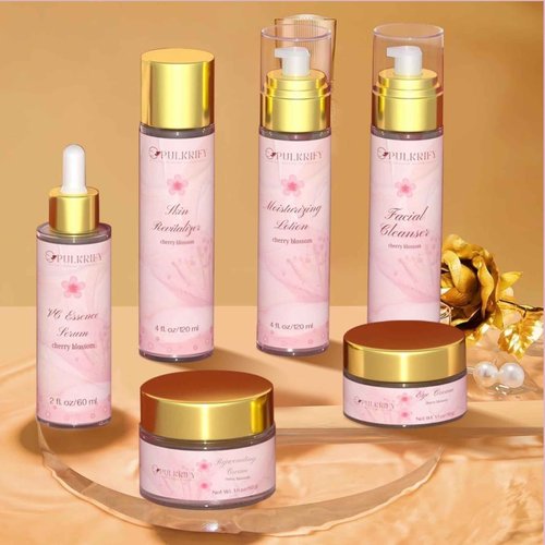 Luxurious Korean Style Cherry Blossom Facial Cleanser & Moisturizer Set Facial Cleanser, Moisturizer, Revitalizer, Serum, Rejuvenator, Eye Cream, Daily Skincare Routine, Retinol-Free, All-skin types
