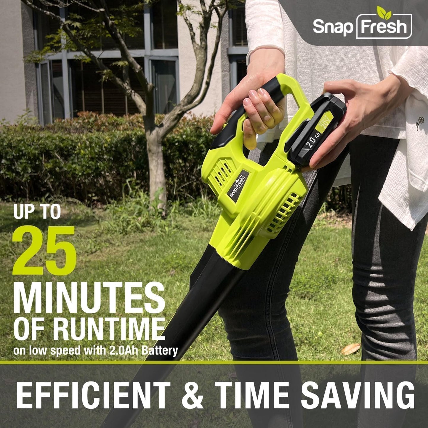 SnapFresh Cordless Leaf Blower - 20V Electric Leaf Blower with 2.0 Ah Battery and Charger - Lightweight 2-Speed Leaf Blower for Lawn Care and Yard/Garden/Patio Cleaning