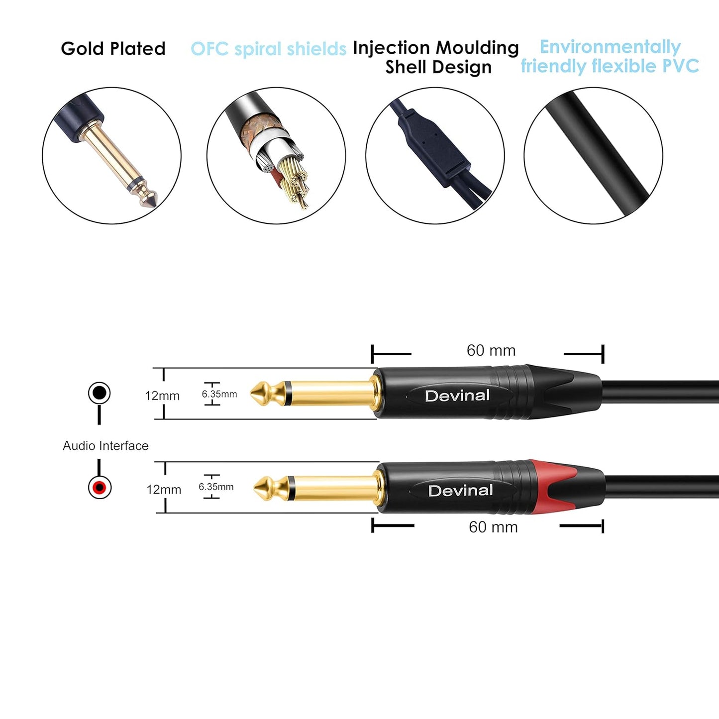Devinal 1/4 to Dual 1/4 Y-Splitter Cable, 6.35mm TRS to Dual 6.35mm TS Insert Cable Cord, Quarter inch Stereo to 2 Quarter inch Mono Send and Return Patch Cord 10 Feet
