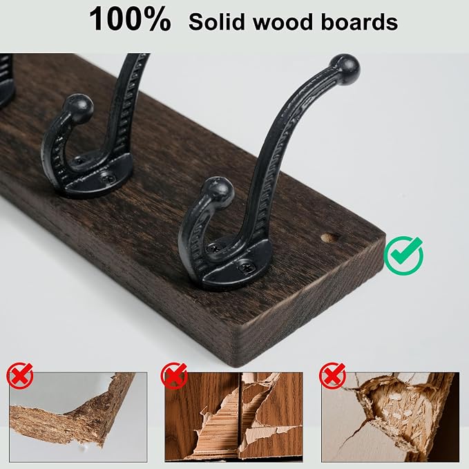 WEBI Rustic Coat Rack Wall Mount,5 Cast Iron Coat Hooks Wall Mounted,Heavy Duty Wood Wall Coat Hanger Hooks for Hanging Coats,Jacket,Clothes,Backpack,Farmhouse,Weathered Brown
