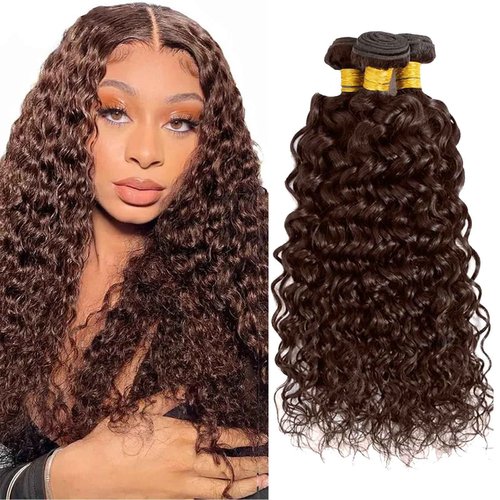 Fabimiya 22 24 26 Inch Human Hair Bundles Brown 4# Water Wave Bundles Human Hair Unprocessed Soft Sewn In Hair with Double Weft for Black Women
