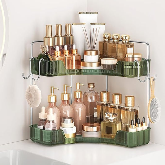 Corner Counter Organizer, 2-Tier Bathroom & Kitchen Storage Tray with Hooks | PET Green Vanity Organizer for Skincare, Makeup & Jewelry
