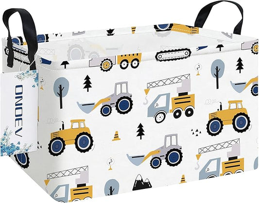 Rectangular Construction Vehicle Storage Basket for Boys,Collapsible Fabric Toy Storage Bin with Handles,Cute Excavator Tractor Truck Organizer for Kids Room,Nursery,Playroom,Closet (Excavator)