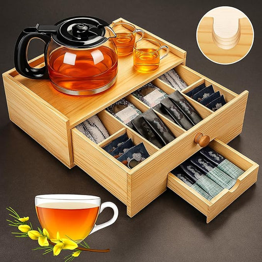 Cinnvoice Tea Bag Organizer Wood Tea Organizer Storage Box 8 Compartments Container Holder with Lid to Storage and Keep Fresh(Brown)