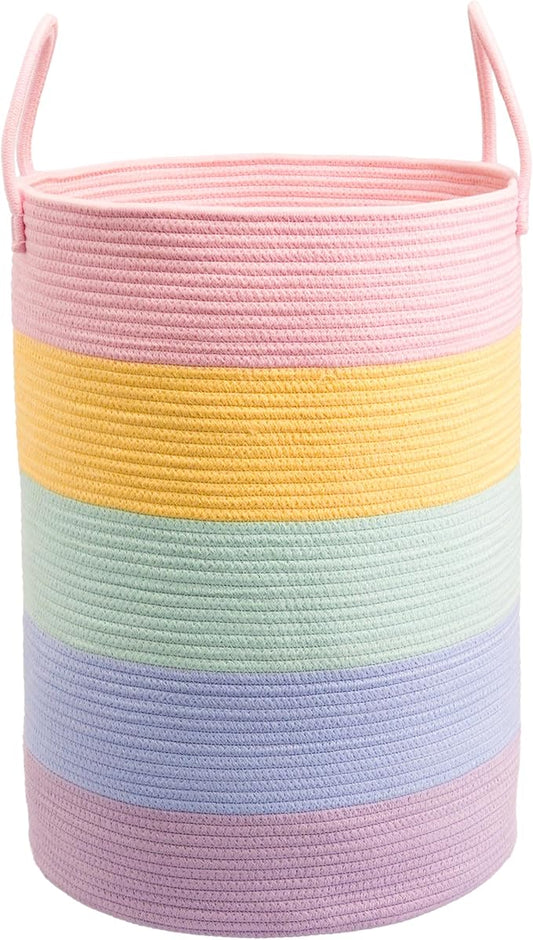 XUANGUO Rope Laundry Basket Hamper for Kids Girl Woven Storage Basket for Living Room Bedroom Boho Tall Baskets for Blanket Toys Pillow Towels Baby Nursery Hamper Bin rainbow Large