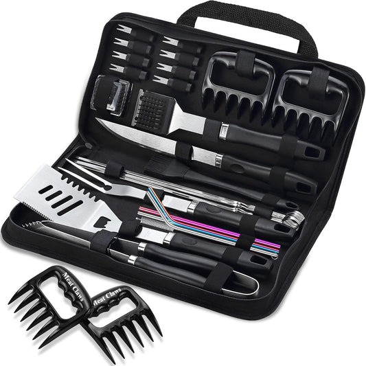 ROMANTICIST 27pcs Heavy Duty Grilling Gifts for Men Dad Fathers Day, Extra Thick BBQ Accessories Tools Set, Stainless Steel Grill Utensils Kit with Meat Claws, Carrying Bag for Outdoor Camping Black