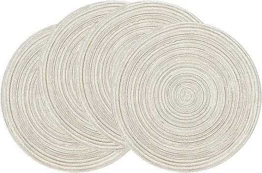 SHACOS Round Braided Placemats Set of 4 Washable Table Placemats Cotton Polyester Place Mats 15 inch Circle Table Mats for Holiday Party (Ivory, 4)