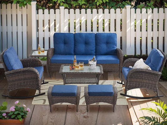 HUMMUH 6-Piece Outdoor Patio Furniture PE Wicker Patio Conversation Set,High Back Patio Couch with Ottomans Outdoor Rocking Chairs for Backyard,Porch,Deck