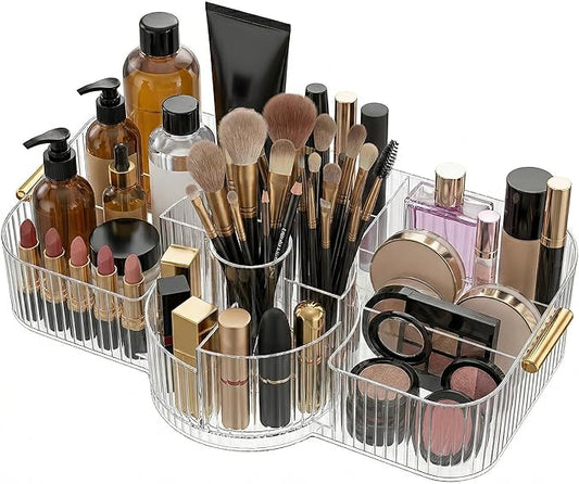 Rotating Makeup Organizer Countertop for Vanity, Cologne Organizer for Men, 360° Spinning Cosmetic Display Case with Brush Holder, Premium Handles, Acrylic Skincare Storage for Bathroom Countertop