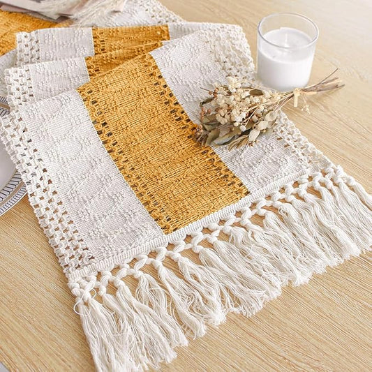 FEXIA Boho Table Runner for Summer Home Decor with Tassels 72 Inches Long Farmhouse Yellow Rustic Table Decoration Macrame Burlap Decor for Living Room Bridal Shower (12x72 Inches)