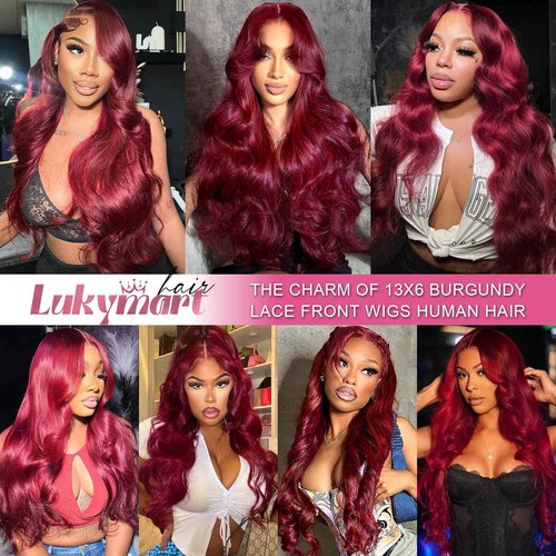 Lukymart 99j Burgundy Body Wave Lace Front Wigs Human Hair 13x6 HD Transparent Lace 180% Density Wine Red Colored 22 Inch
