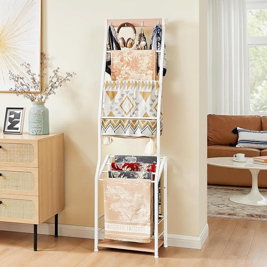 Pinzoveco Blanket Ladder, 7 Tier Blanket Ladders for The Living Room,Wooden Ladder Shelf with Hooks, 5.5ft Blanket Holder Rack Farmhouse Ladder Rack for Storage and Home Decor (White)