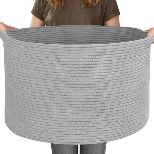 MEGASKET 115L Super Large Gray Blanket Basket, 23.6"x15.7" Woven Cotton Rope Storage Basket for Laundry, Towel, Pillow, Oversized Kids Dog Toy Storage Bin, Grey XXXL Blanket Holder for Living Room