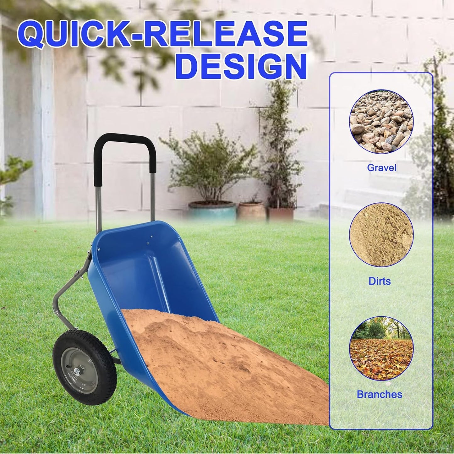 Dual Wheel Wheelbarrow, Heavy Duty Garden Cart, 300 lbs Capacity Utility Cart with Two 15 inches Pneumatic Tires for Outdoor Lawn Yard Farm Ranch (Blue)