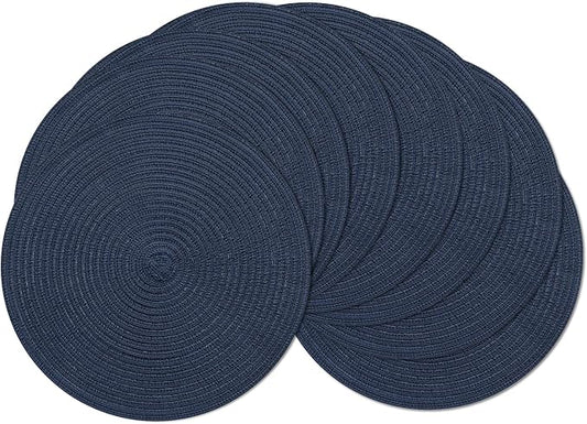 SHACOS Round Placemats Set of 8 Washable 15 inch Round Table Mats Cotton Polyester Woven Braided Place Mats for Dining Table, Navy