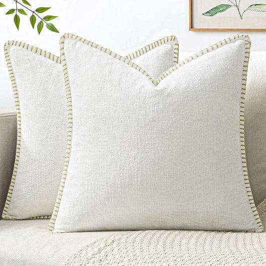 MIULEE Pack of 2 Pillow Covers 20x20 Inch Pure White Farmhouse Decorative Throw Pillow Covers with Stitched Edge Soft Chenille Solid Dyed Couch Pillow Covers for Sofa Bed Living Room