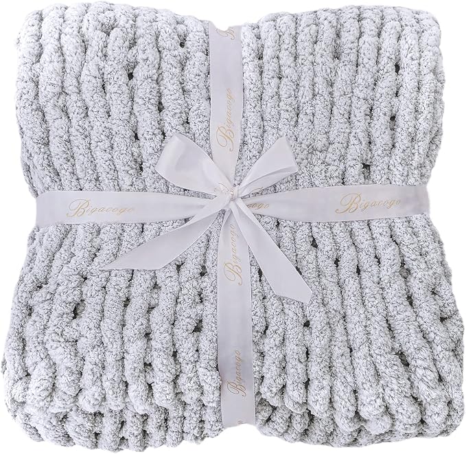 Bigacogo Chunky Knit Throw Blanket for Couch, 80x90 inches, 100% Hand Knitted with Thick Jumbo Chenille Yarn, Cozy Soft Large Rope Knot Cable Crochet Blankets for Sofa Bed Living Room, Light Grey