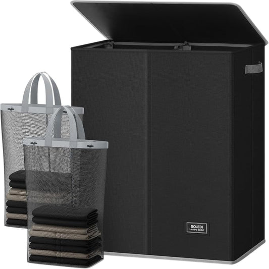 SOLEDI Double Laundry Hamper with Lid and Removable Laundry Bags,Divided Laundry Bin - Large Clothes Hamper 2 Section - Collapsible Laundry Baskets for Bedroom, Bathroom, Laundry Room,Black