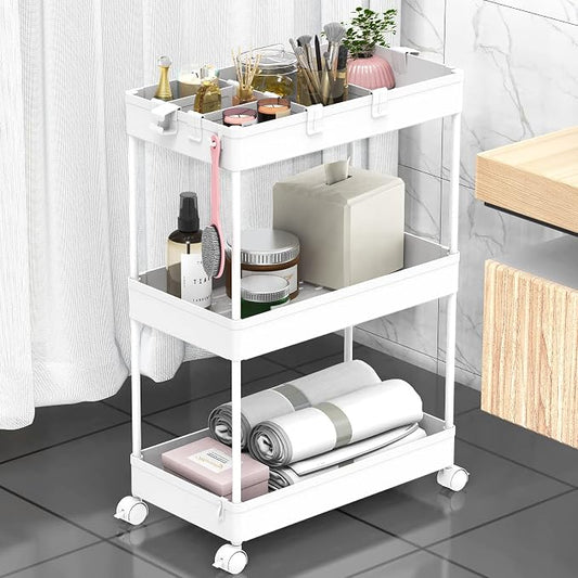 SPACELEAD 3 Tier Rolling Cart with Wheels, Storage Craft Art Trolley Organizer Serving, 3 Hanging Baskets Easy Assembly, for Office, Bathroom，Living Room, Kitchen, White