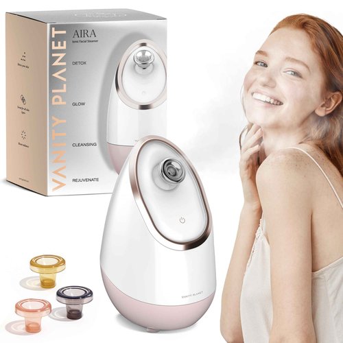Vanity Planet Aira Ionic Facial Steamer (Rose Gold) - Pore Cleaner That Detoxifies, Cleanses and Moisturizes - Adjustable Nozzle, Water Tank with 3 Essential Oil Baskets