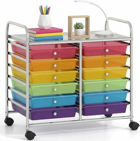 COSTWAY 12-Drawer Rolling Storage Cart, Utility Storage Organizer Cart for Tools, Scrapbook, Paper, Craft, Multipurpose Art Supply Organizer on Wheels for Home Office School, Teacher, Rainbow