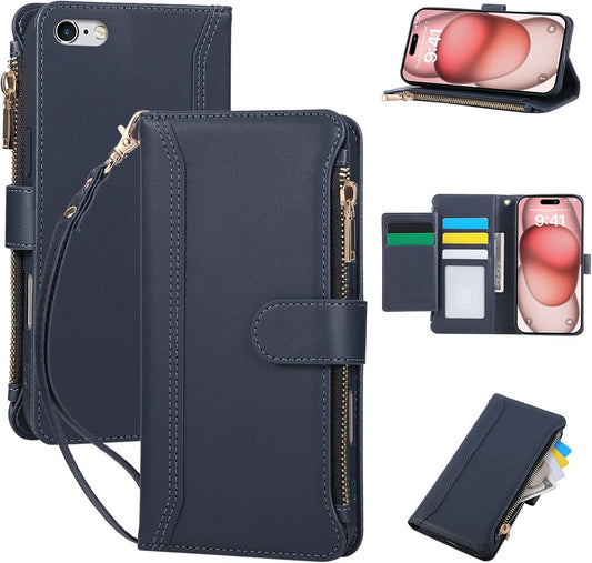 Compatible with iPhone 7/8/SE 2020/SE 2022 Wallet Case PU Leather Shockproof Protective Cover with Credit Card Slots, Zipper Pocket Detachable Wrist Strap,Unisex Design for Men/Women-Navy Blue