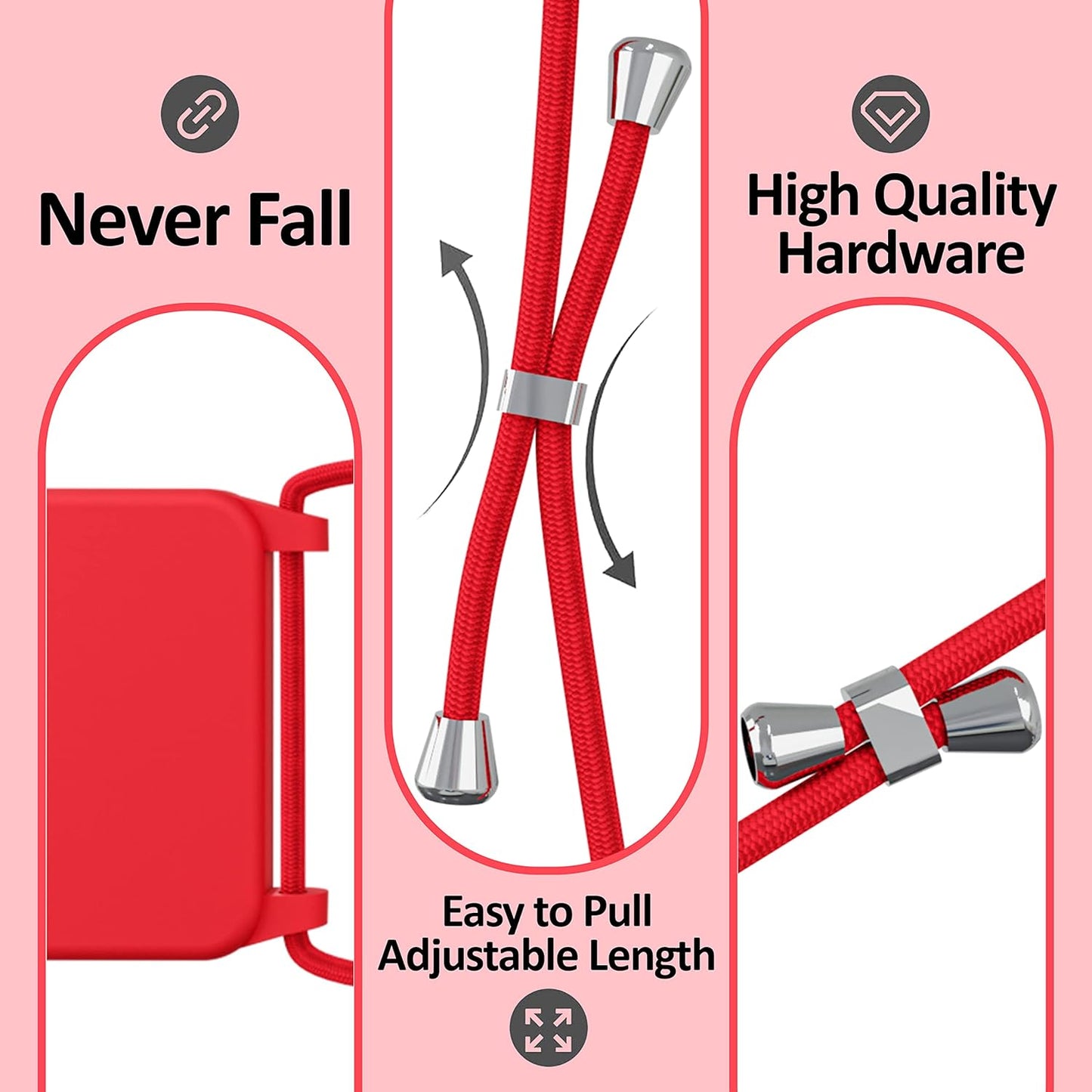 Blaspins Crossbody Lanyard Strap Case for iPhone 13 Pro, Neck Cross Body, Adjustable Holder Removable, Drop Protection Shockproof, Hands-Free Silicone Case 6.1 inch, 150 cm Strap, iP13Pro - Red