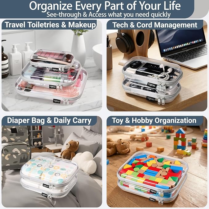 YQBRAO 4-Pack Clear Hard Shell Zipper Case, 1.2mm Ultra-Thick Diaper Bag Organizer Pouches, Rigid Self-Standing Travel Makeup Bags with YKK Zippers, TSA Approved, Gray