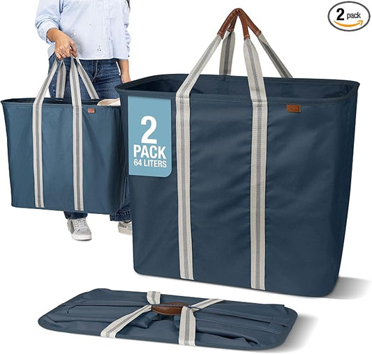 CleverMade Collapsible Laundry Caddy – Foldable Laundry Hamper & Tote, XXL 64L Pop-Up Laundry Basket with Handles, Space-Saving Laundry Organizer for Home & Travel, 2 Pack - LUXE Navy Noir