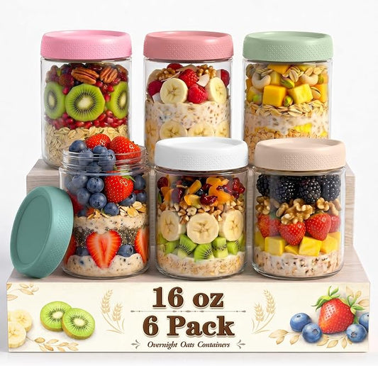 6 Pack Overnight Oats Containers with Lids, 16oz Wide Mouth Mason Jars, Glass Food Containers with Airtight Lids for Storage, Yogurt Bowls, Overnight Oats Jars for Meal Prep, Chia Pudding