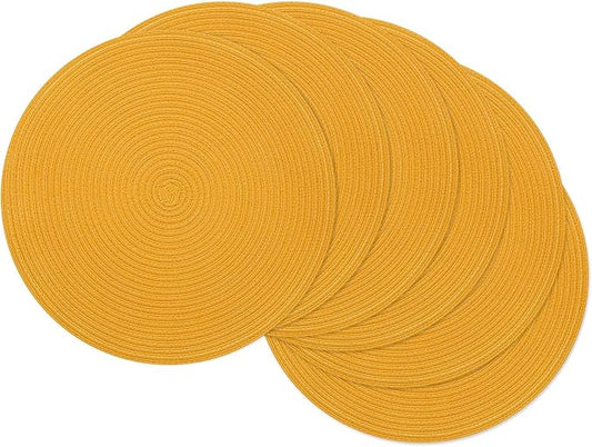 SHACOS 15 inch Round Braided Placemats Set of 6 Non Slip Washable Kitchen Table Place Mats Cotton Polyester Heat Resistant Table Mats for Home Wedding Dinner Party Table Decor, Mustard Yellow