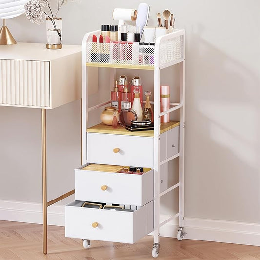 HapiRm Rolling Makeup Cart Organizer - Floor Skincare Make Up Storage with 3 Non-woven Fabric Drawers, Vanity Organizer Cosmetic Display Cases Holder for Skin Care Perfume Nail Polish Brush Hair Tool