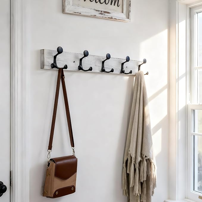 SKOLOO 24-Inch Wood Coat Rack Wall Mount with 5 Triple Hooks - Ideal for Family Entrances, Classrooms, and Pet Supplies Storage - Perfect Coat Hooks for Wall,Distressed White Wash, Pack of 2