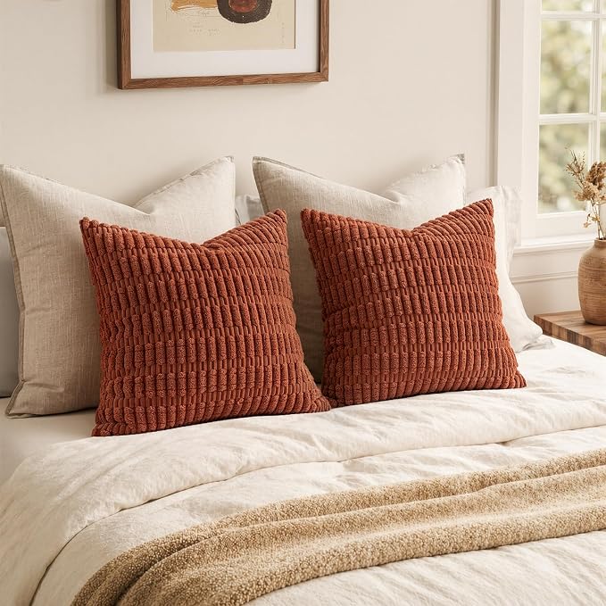 MIULEE Pack of 2 Corduroy Decorative Throw Pillow Covers 18x18 Inch Soft Boho Striped Pillow Covers Modern Farmhouse Home Decor for Sofa Living Room Couch Bed Rust